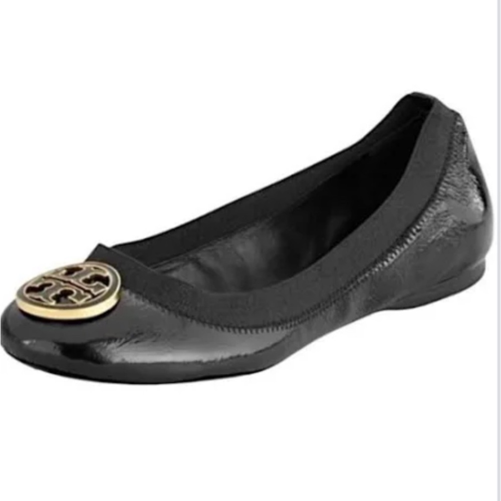 Tory Burch Carolina Black Patent Flats with Gold Logo